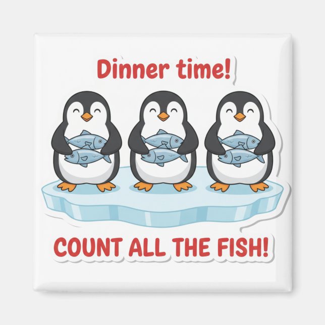 Imã Cute Penguins Dinner Time Counting Fish Math Game  (Frente)