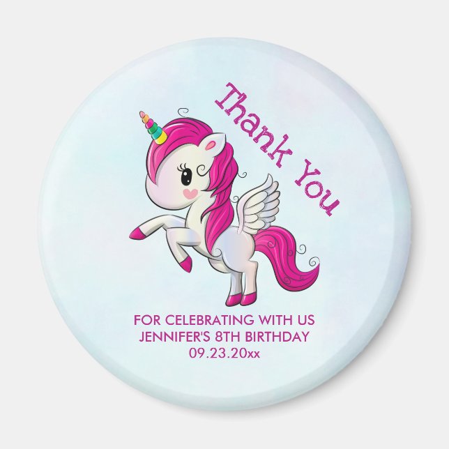 Imã Cute Pink Unicorn with Wings Birthday (Frente)