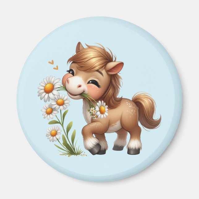 Imã Cute Pony Eating Daisies (Frente)