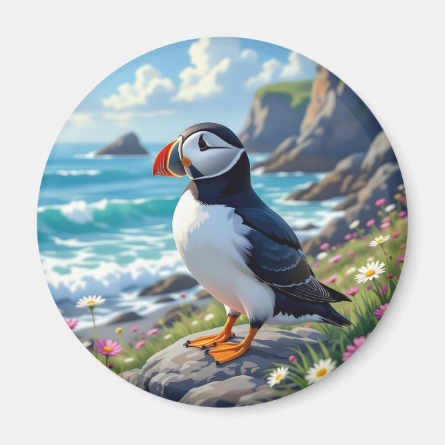 Imã Cute Puffin on the Seashore themed   (Frente)