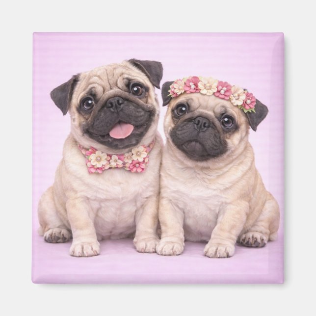 Imã Cute Pug Couple Valentine Illustration  (Frente)