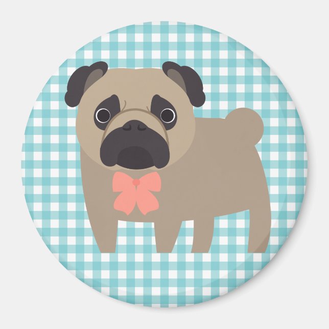 Imã Cute Pug sobre Design de Gingham Branco e Azul (Frente)