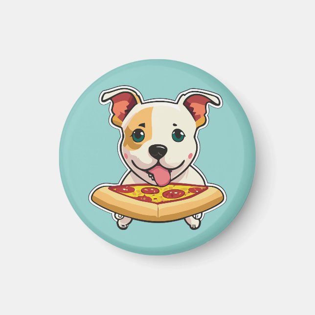 Imã Cute Puppy segurando uma fatia de pizza (Frente)