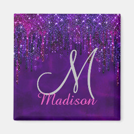 Imã Cute Purple pink Unicorn Glitter Drips monogram