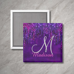 Imã Cute Purple pink Unicorn Glitter Drips monogram