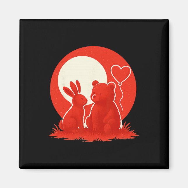 Imã Cute Rabbit Bear Couple Valentine's Day Lovers  (Frente)