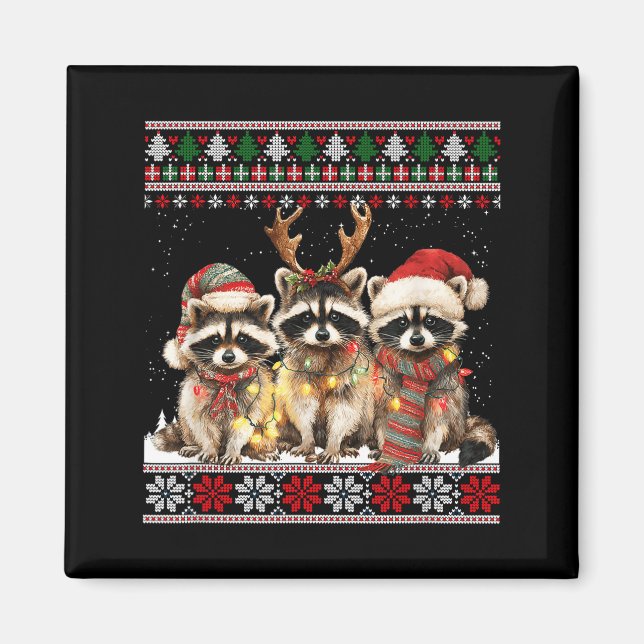 Imã Cute Raccoon Santa Christmas Lights Ugly Xmas Swea (Frente)