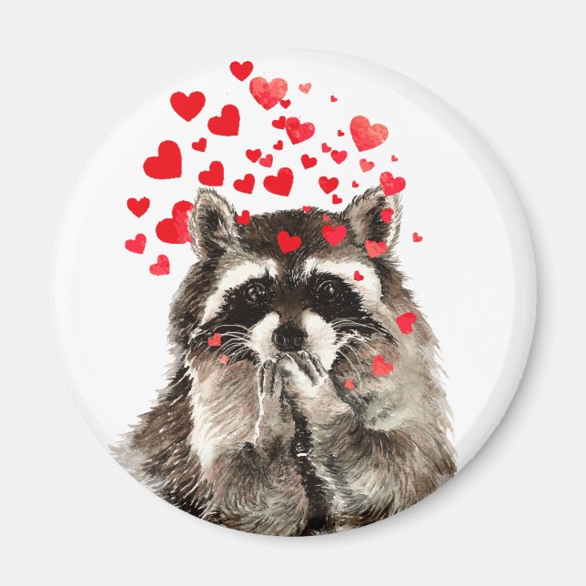 Imã Cute Raccoon Soprando Beijos Adoram Corações (Frente)