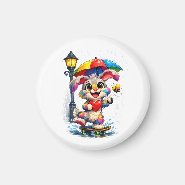 Imã Cute Rainbow Bunny with Umbrella Design (Frente)