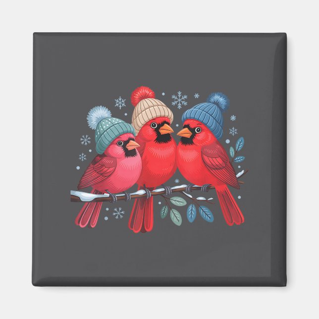Imã Cute Red Cardinals With Knitted Hats Winter Bird A (Frente)