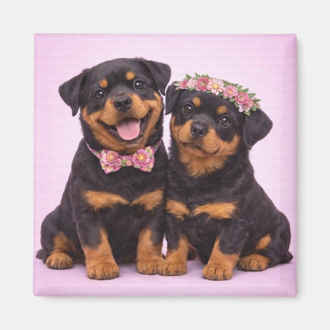 Imã Cute Rottweiler Couple Valentine Illustration (Frente)
