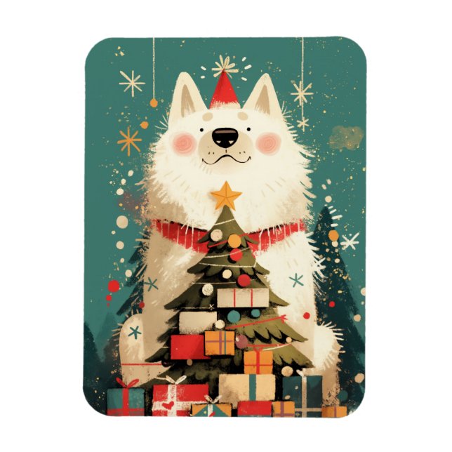 Ímã Cute Samoyed dog with Christmas Holiday (Vertical)