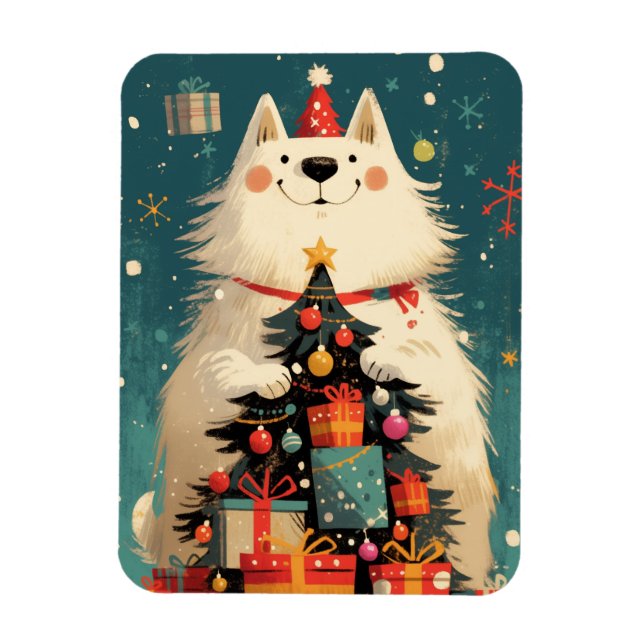 Ímã Cute Samoyed dog with Christmas holiday (Vertical)
