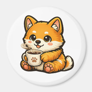 Imã Cute Shiba Inu com Café – Ilustração de Cachorro A