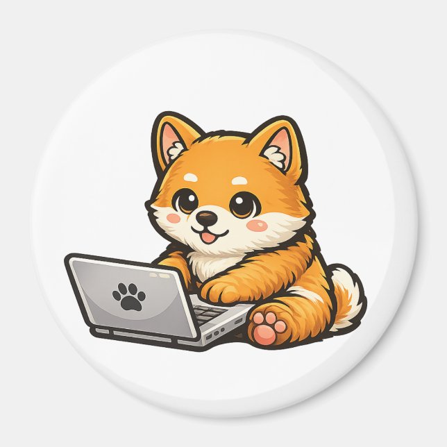 Imã Cute Shiba Inu with Laptop – Cozy Dog Illustration (Frente)