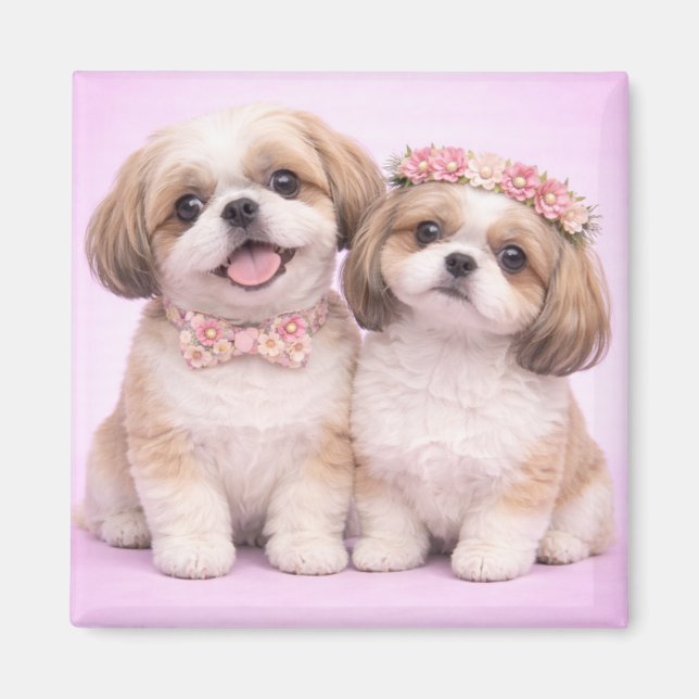 Imã Cute Shih Tzu Couple Valentine Illustration (Frente)