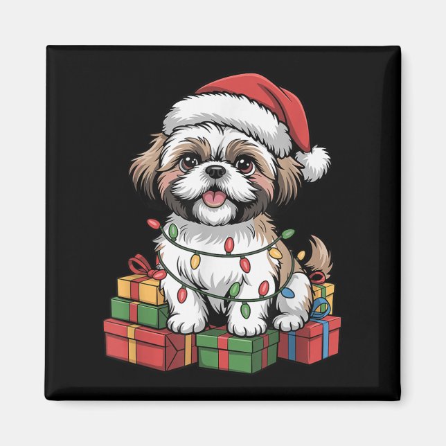 Imã Cute Shih Tzu Santa Hat Café Natal (Frente)