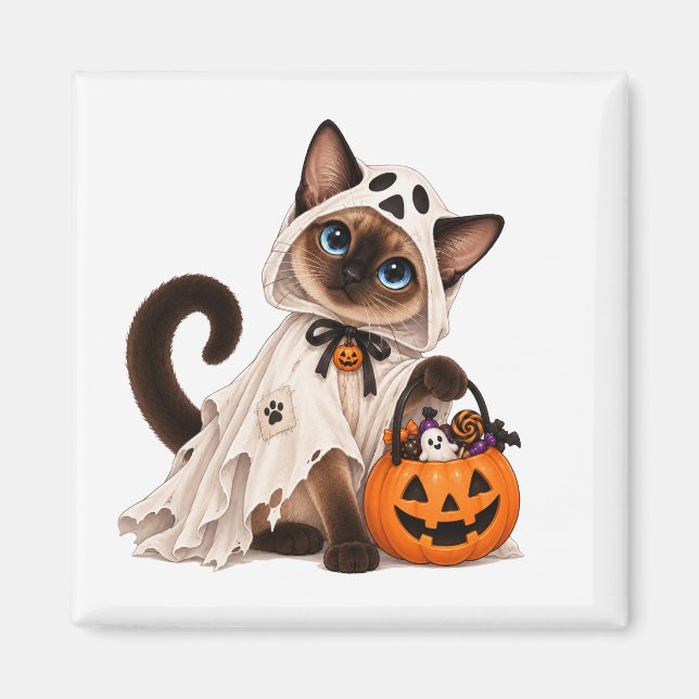 Imã Cute Siamese Cat Ghost Halloween (Frente)