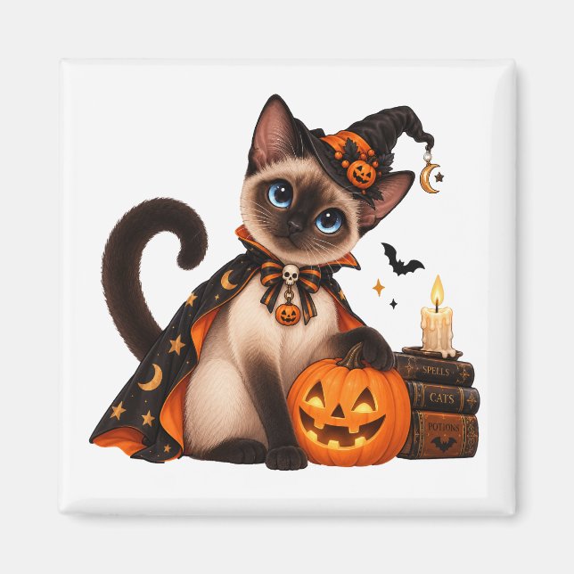 Imã Cute Siamese Cat Witch Halloween (Frente)