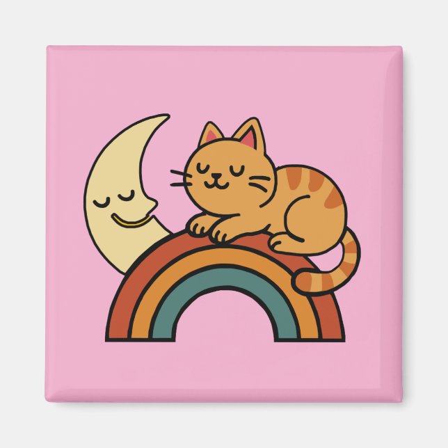 Imã Cute Sleeping Cat on Rainbow with Moon – Funny Cat (Frente)