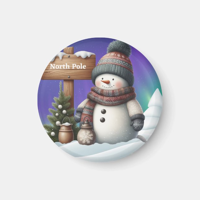 Imã Cute snowman on North Pole with northern lights (Frente)