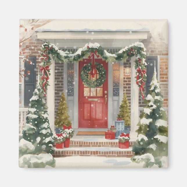 Imã Cute Snowy Christmas Porch  (Frente)
