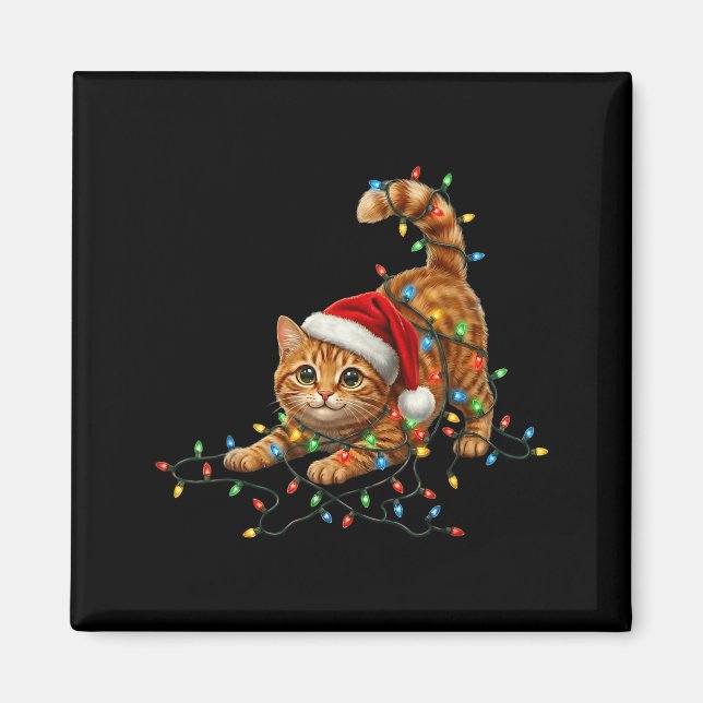 Imã Cute Tabby Cat Christmas Funny Lights Xmas Cat In  (Frente)