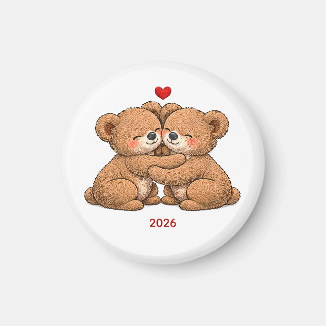 Imã Cute Teddy Bear Couple in Love – Embroidered Style (Frente)