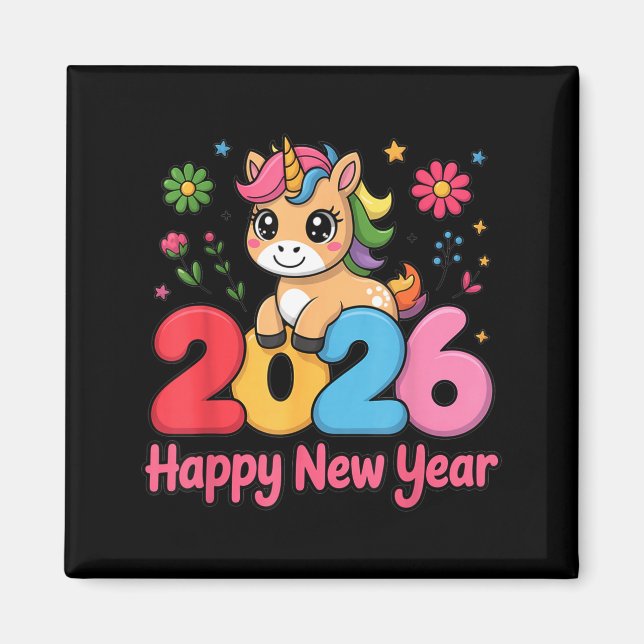 Imã Cute Unicorn 2026 Horse Year Happy New Year Kawaii (Frente)