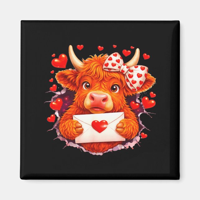 Imã Cute Valentine Highland Cow With Heart Bow Western (Frente)