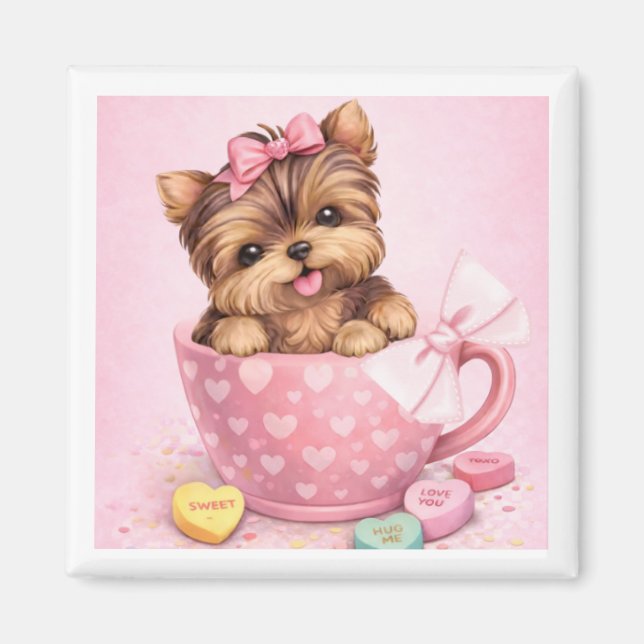 Imã Cute Valentine Yorkie in Pink Teacup Magnet (Frente)