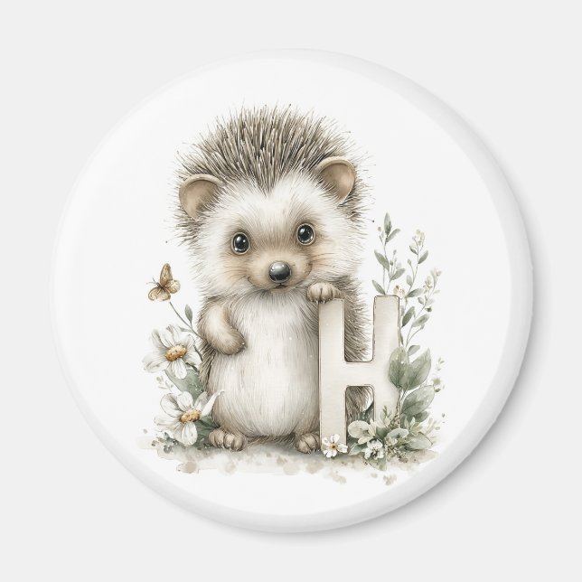 Imã Cute watercolour baby animal alphabet Hedgehog (Frente)