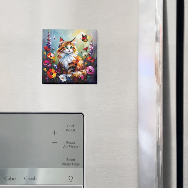 Imã Cute Whimsical  Cat, Flowers and Butterflies (In Situ (Fridge))