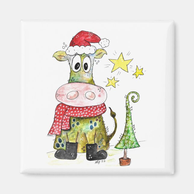 Imã Cute Whimsical Christmas Cow (Frente)