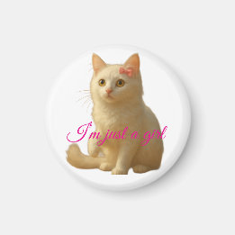 Imã Cute White Persian Cat "I'm Just a Girl" Pink Text