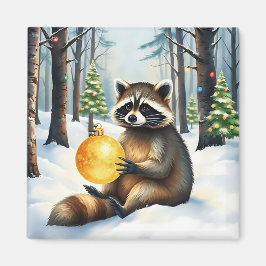 Imã Cute Winter Raccoon with Gold Ornament Christmas