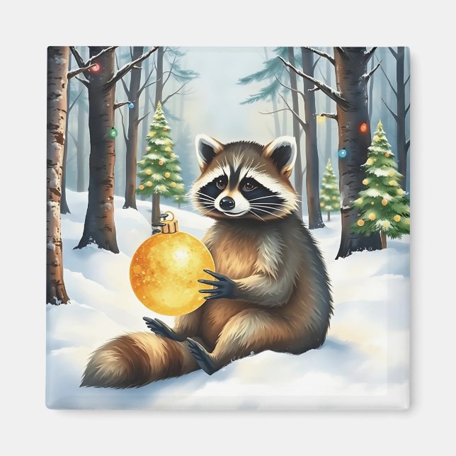 Imã Cute Winter Raccoon with Gold Ornament Christmas (Frente)