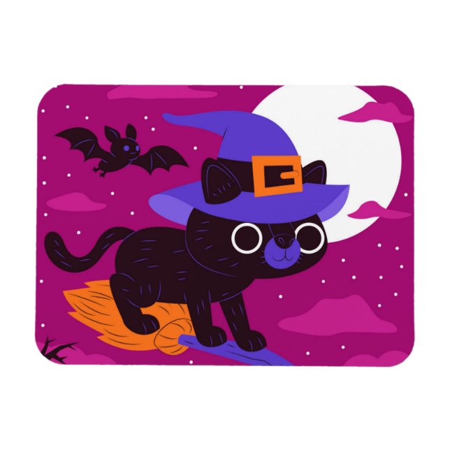 Ímã Cute Witch Cat Flying on Broom Halloween Kawaii (Horizontal)