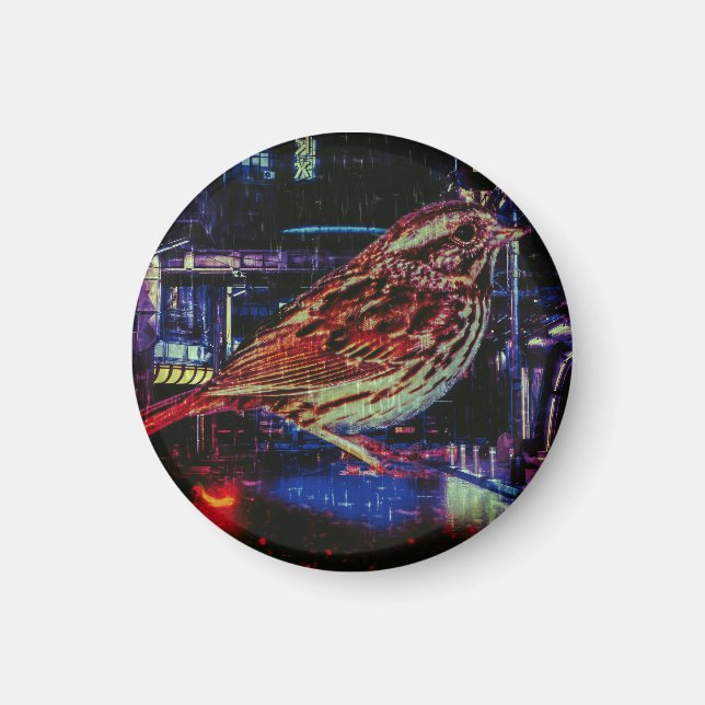 Imã Cyberpunk Sparrow em Neon Cityscape (Frente)