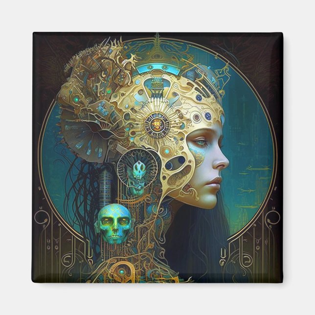 Imã Cyborg Mulher Fantasy Sci-Fi Art Magnet (Frente)