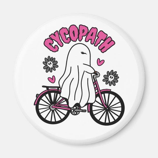 Imã Cycopath Halloween Ghost em Bicicleta Rosa (Frente)
