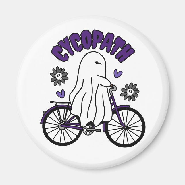 Imã Cycopath Halloween Ghost em Bicicleta Roxa (Frente)