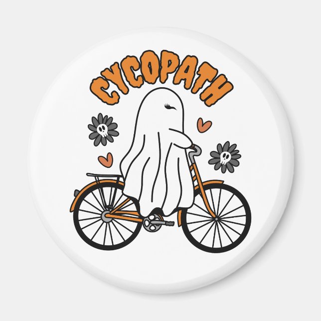 Imã Cycopath Halloween Ghost on Orange Bicycle (Frente)