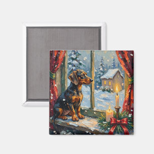 Imã Dachshund Antigo pela Janela Aconchegante de Natal