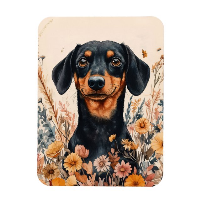 Ímã Dachshund Bonito com Flores Selvagens Flexível (Vertical)