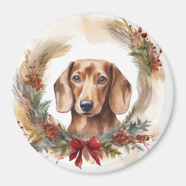 Imã Dachshund Christmas Wreath Festivo Pup (Frente)