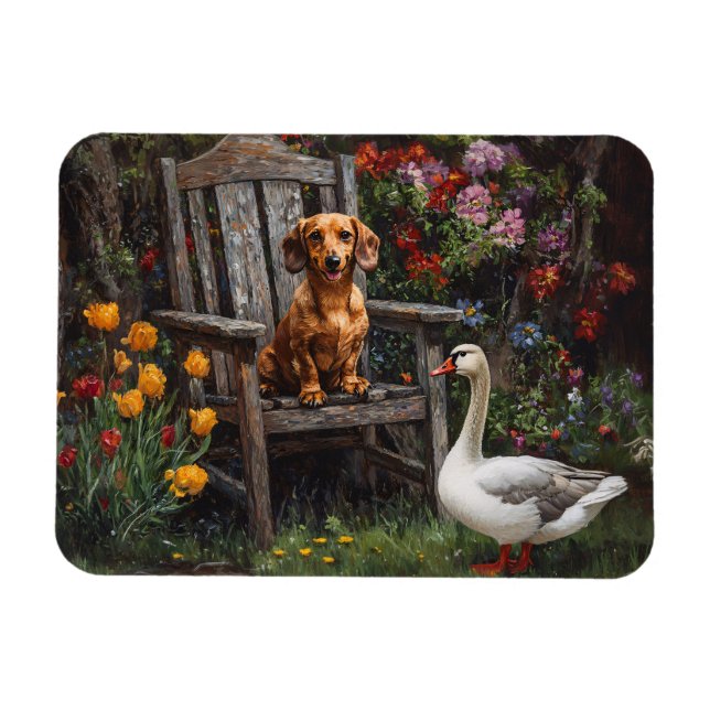 Ímã Dachshund com um ganso em um jardim (Horizontal)