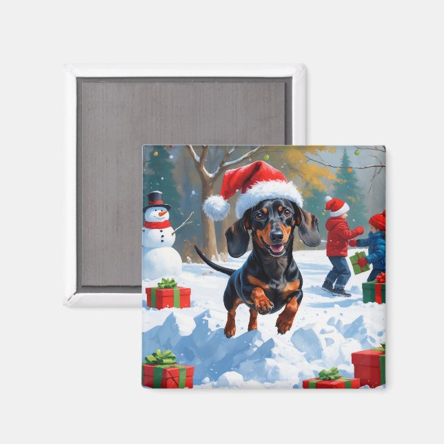 Imã Dachshund Correndo em Neve com Chapéu de Natal (Front/Back)