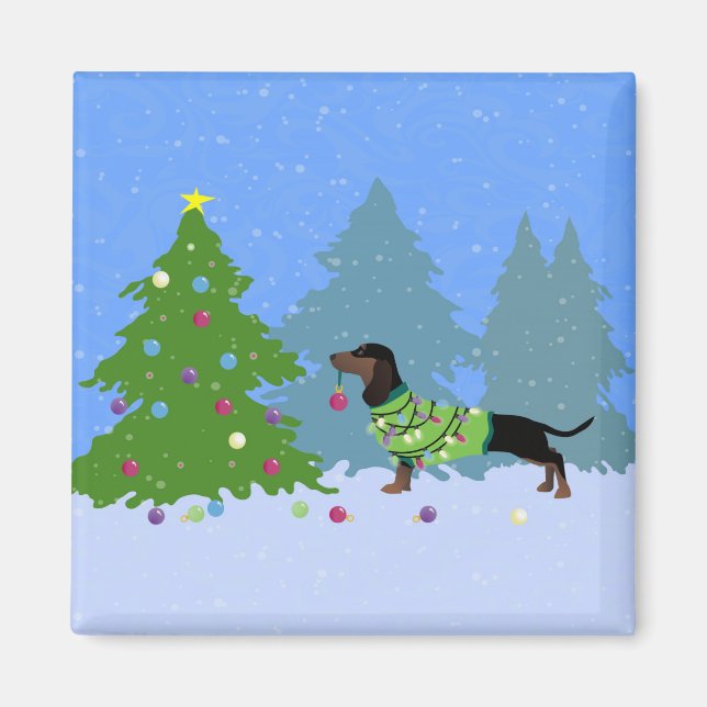 Imã Dachshund Decorando Árvore de Natal em floresta (Frente)