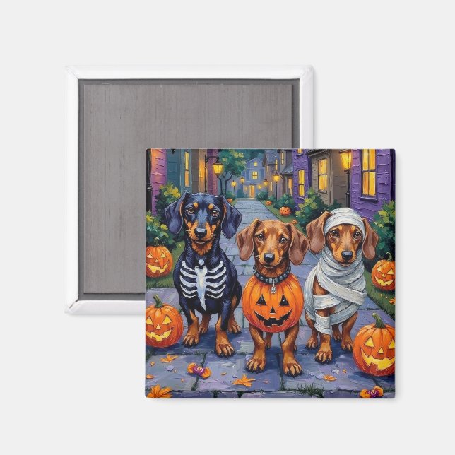 Imã Dachshund Dogs Trick-or-Tratating in Halloween (Front/Back)